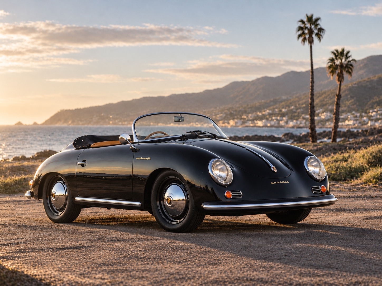 Black 1950s-style Speedster replica, front quarter view